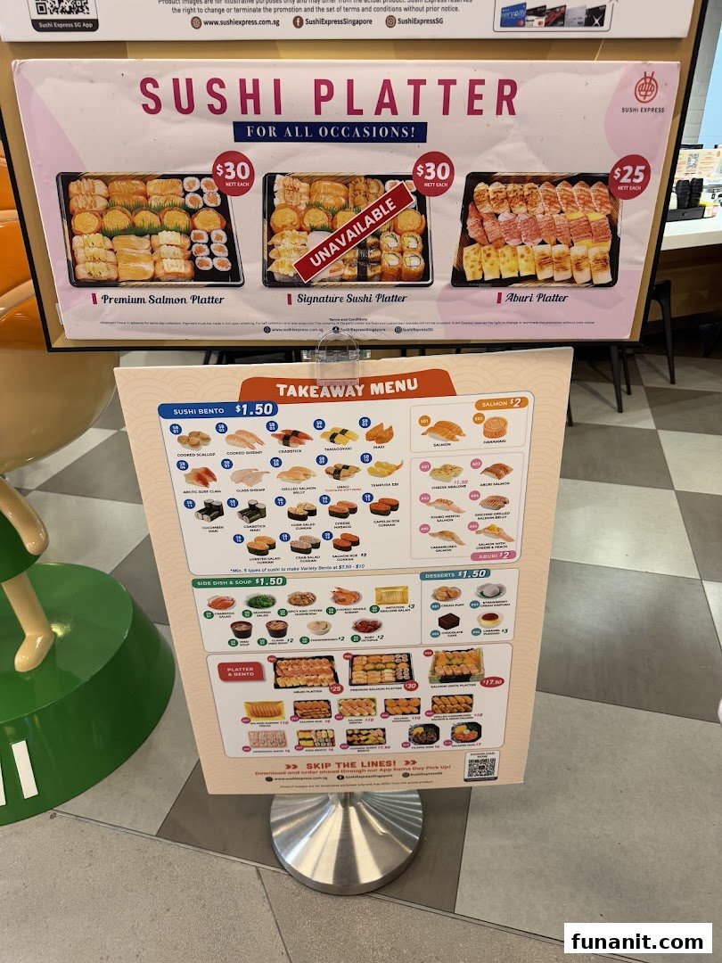A display stand showcasing Sushi Express's sushi platters and comprehensive takeaway menu.