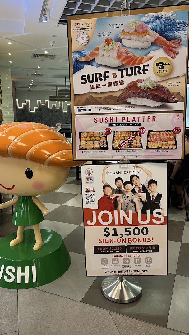 Promotional posters for Sushi Express featuring 'Surf & Turf' sushi, platters, and a hiring advertisement.