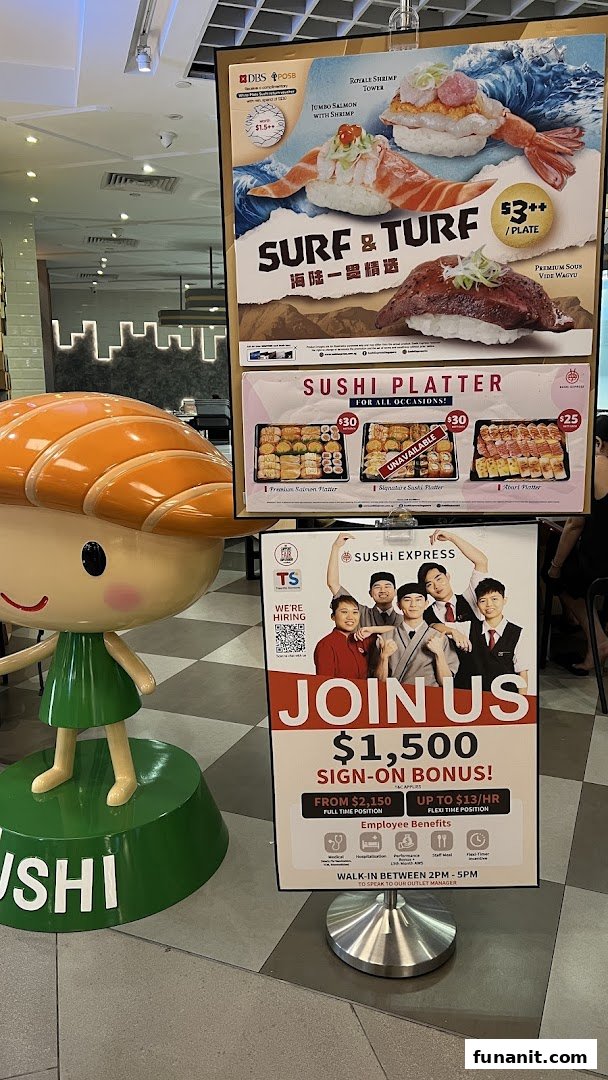Promotional posters for Sushi Express featuring 'Surf & Turf' sushi, platters, and a hiring advertisement.