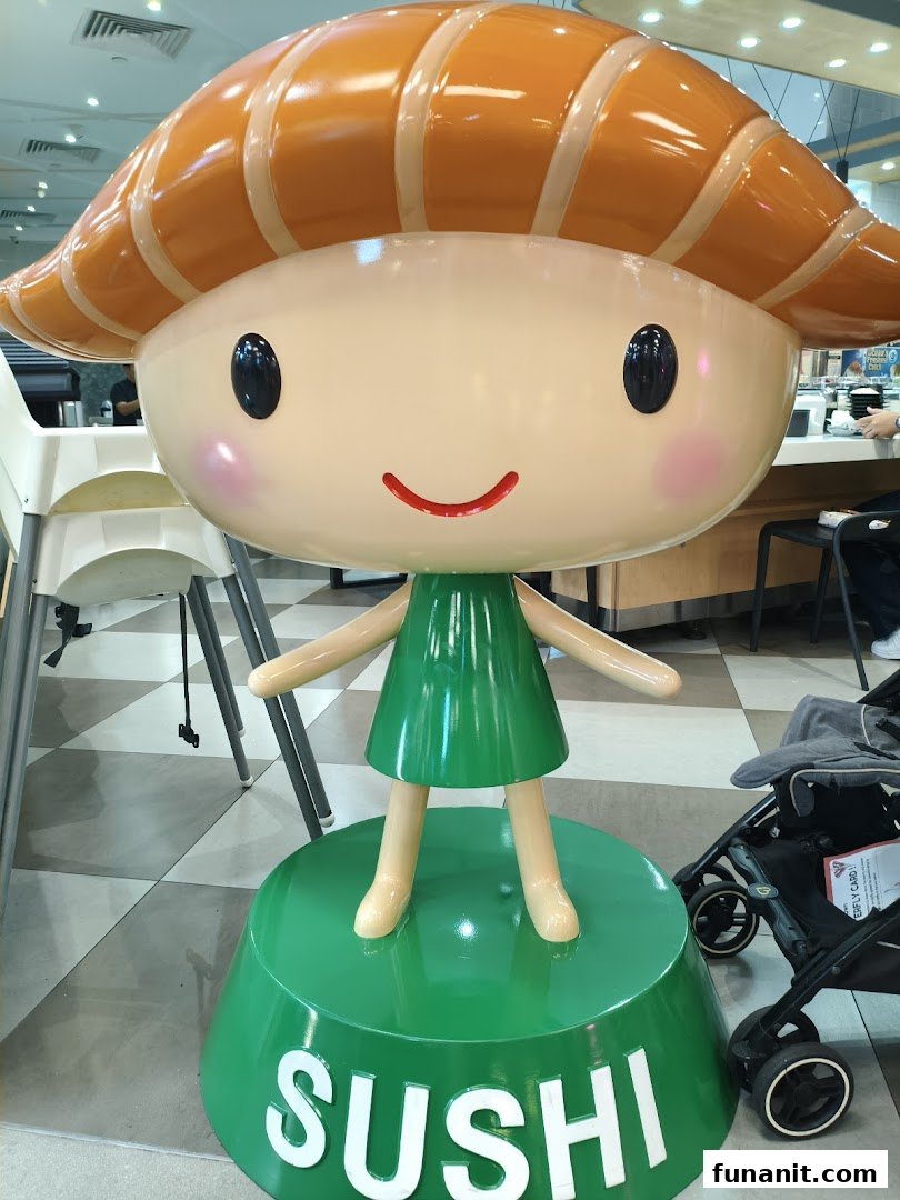 A large, cute sushi-themed mascot stands inside Sushi Express, welcoming diners.