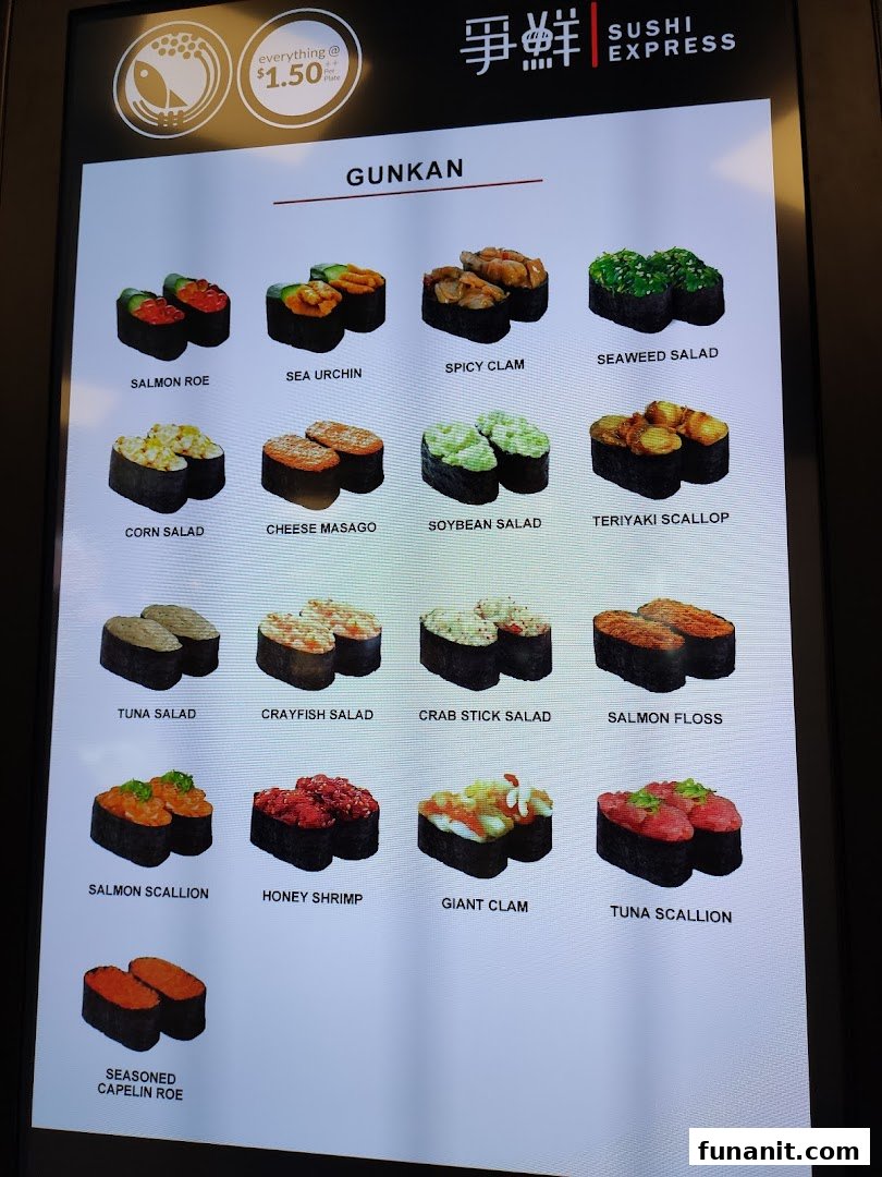 A digital menu board displaying various Gunkan sushi options with their names and images.