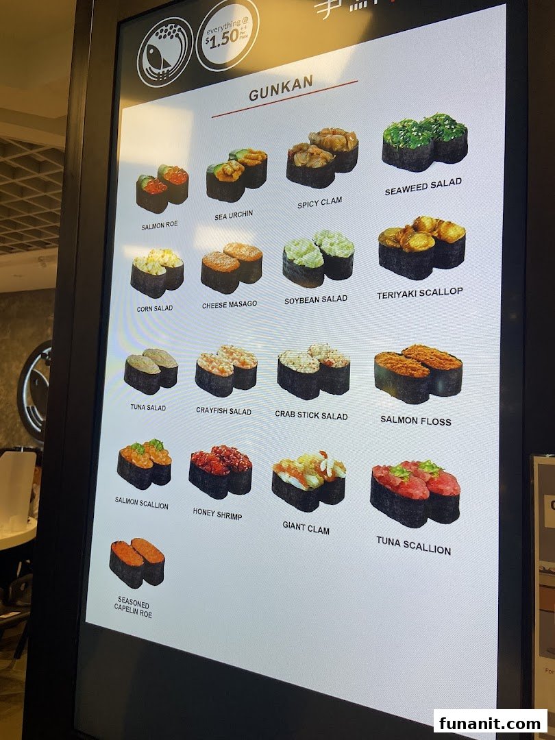 A digital menu board displaying various Gunkan sushi options with their names and images.