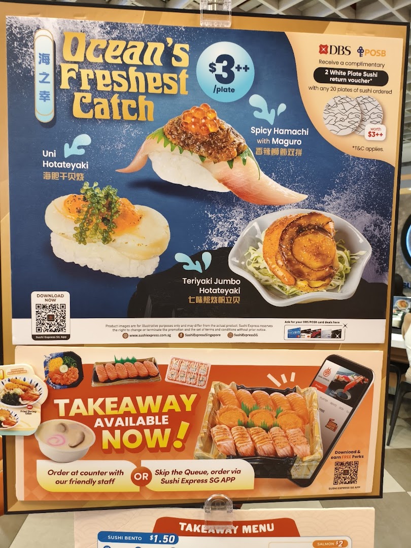 A promotional poster showcasing 'Ocean's Freshest Catch' sushi items and takeaway options.