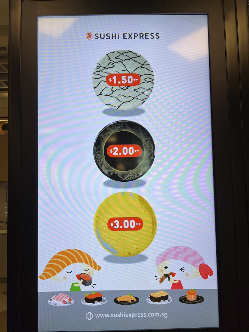A digital display showcasing Sushi Express's sushi plate pricing tiers with cartoon sushi characters.