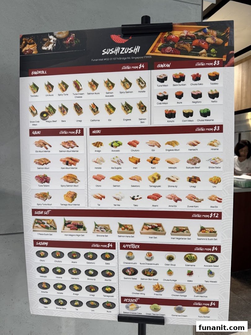 A detailed menu board for Sushi Zushi, showcasing various sushi, sashimi, and appetizer options.