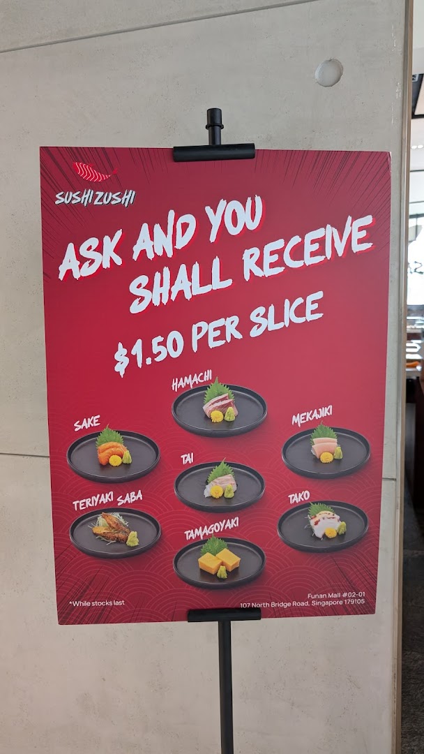 A red promotional poster from Sushi Zushi advertising $1.50 sushi/sashimi slices.