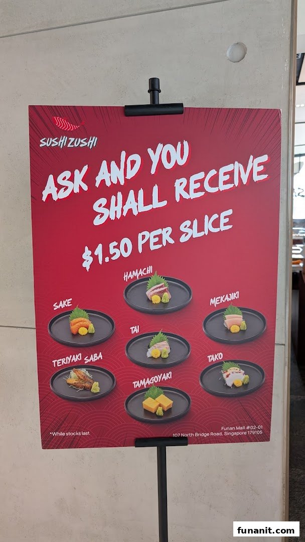 A red promotional poster from Sushi Zushi advertising $1.50 sushi/sashimi slices.