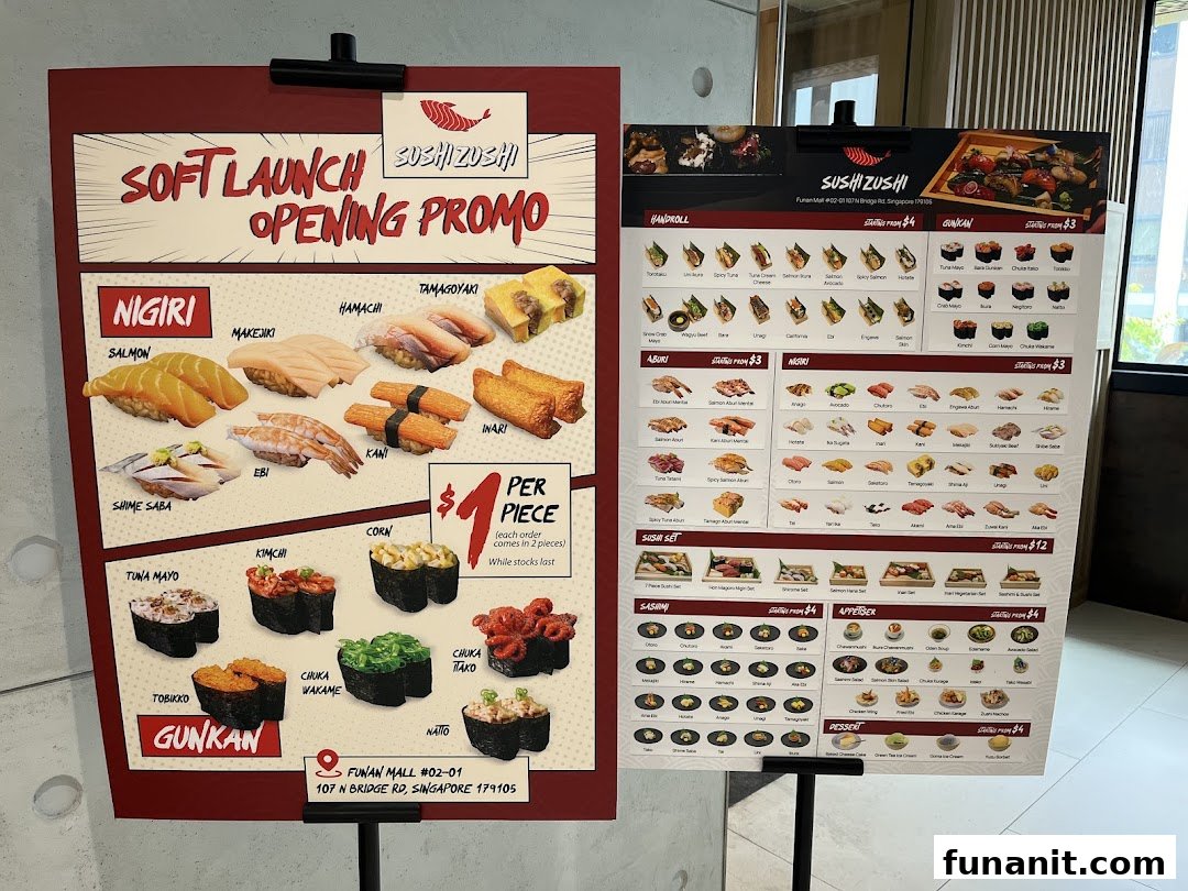 Two display boards showcasing Sushi Zushi's soft launch promotions and extensive menu offerings.