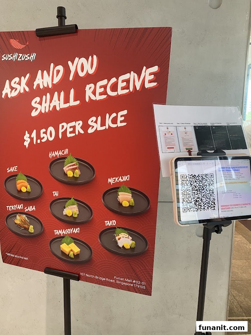 A promotional stand displaying sushi slices available for $1.50 each, with a QR code for e-queue.