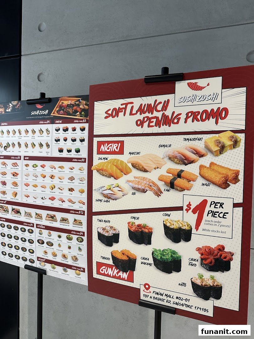 Two menu boards for Sushi Zushi, featuring a soft launch promo and main menu items.