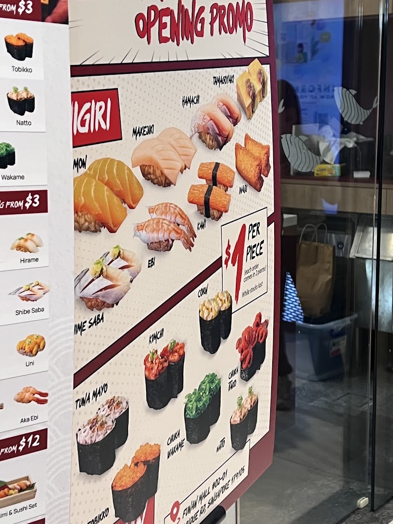 A vibrant menu board showcasing various sushi types, including nigiri and gunkan maki, with an 'Opening Promo'.
