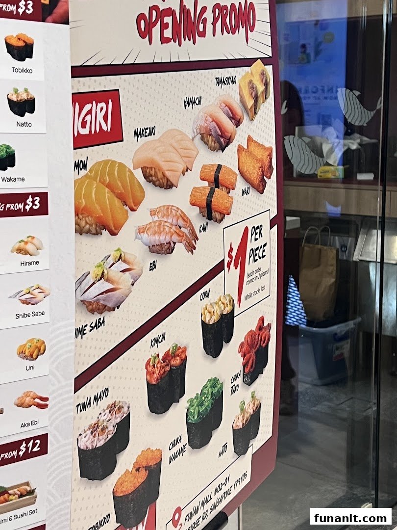 A vibrant menu board showcasing various sushi types, including nigiri and gunkan maki, with an 'Opening Promo'.