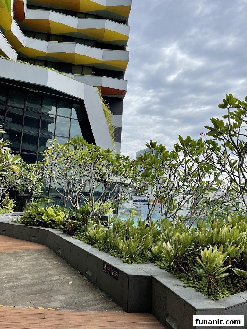 An outdoor view featuring lush greenery, a modern building, and a glimpse of a pool area.