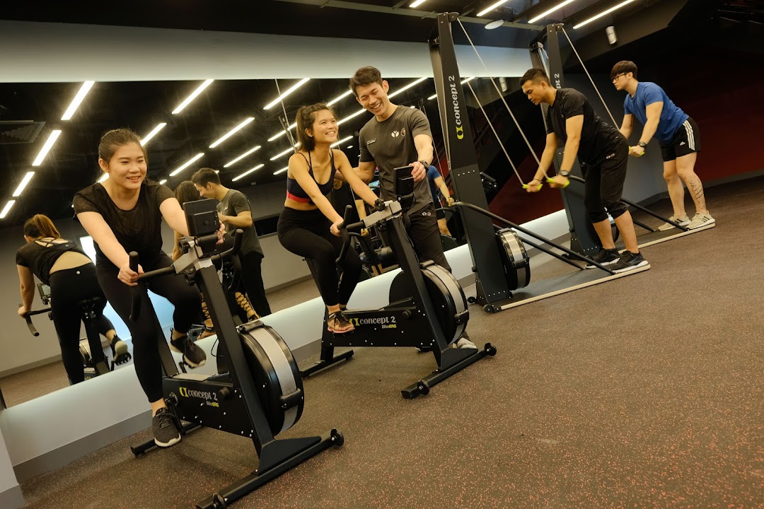 People actively exercising on various fitness machines, including stationary bikes and ski ergometers, in a modern gym.