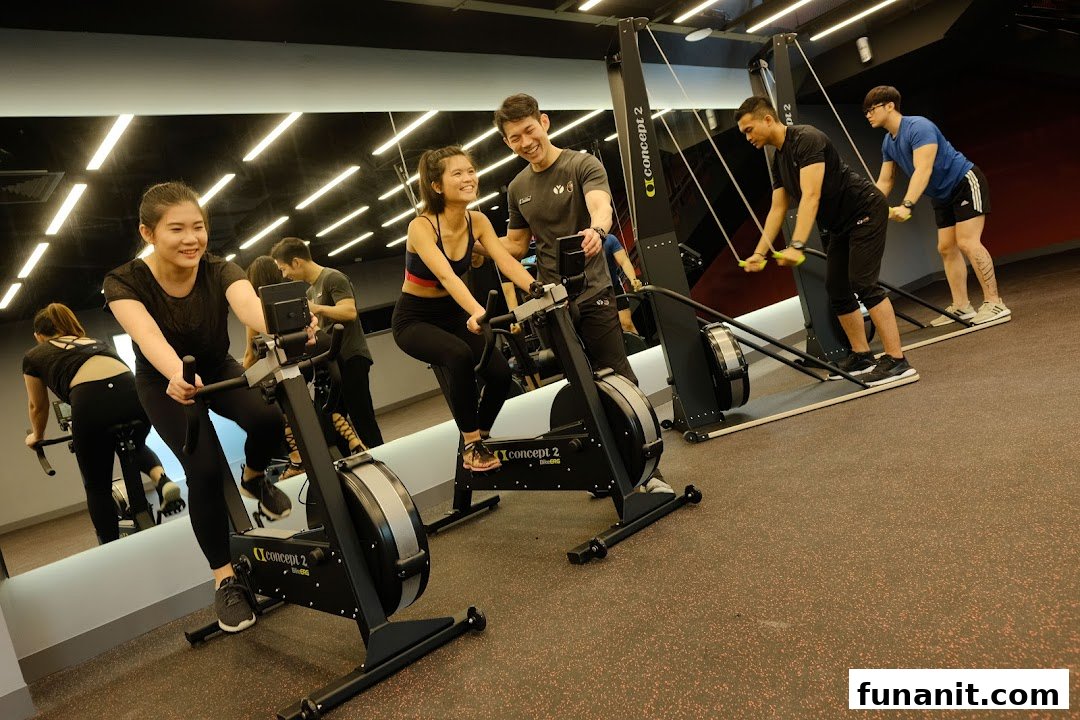 People actively exercising on various fitness machines, including stationary bikes and ski ergometers, in a modern gym.