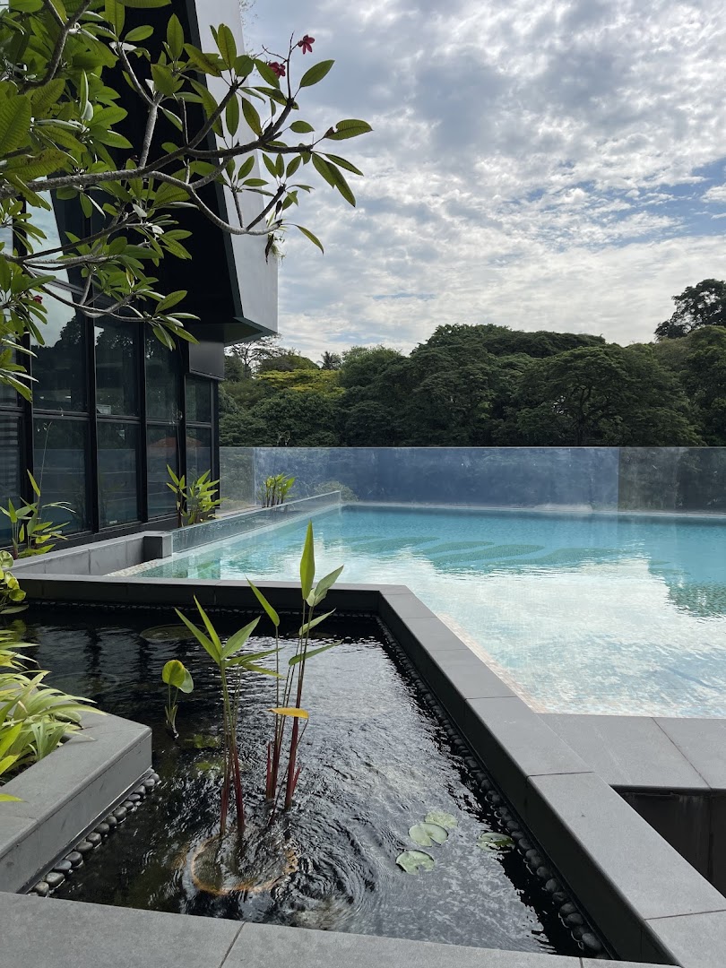 A modern outdoor swimming pool and decorative pond with lush greenery and a building under a cloudy sky.
