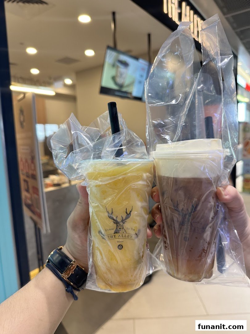 Two hands holding two refreshing bubble tea drinks from The Alley, with the shop interior in the background.