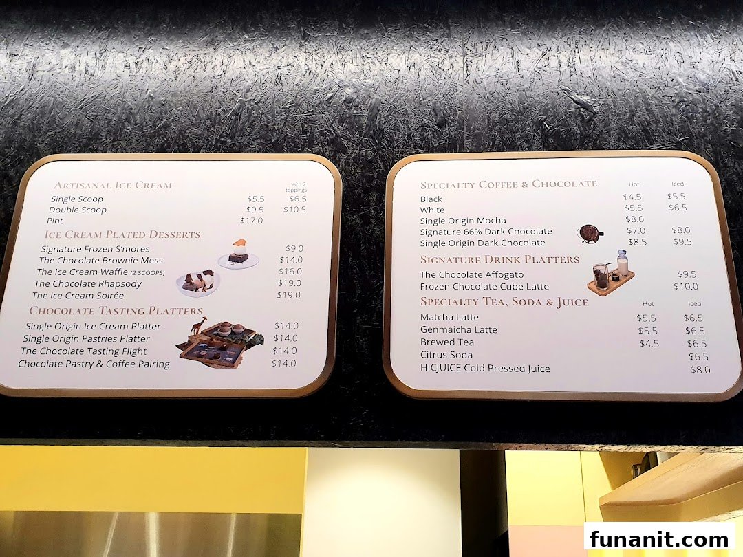 Two menu boards displaying artisanal ice cream, chocolate desserts, coffee, and specialty drinks.