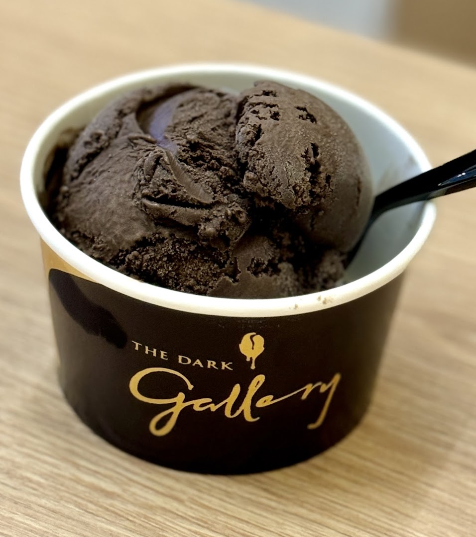 A rich dark chocolate ice cream in a branded cup with a spoon.