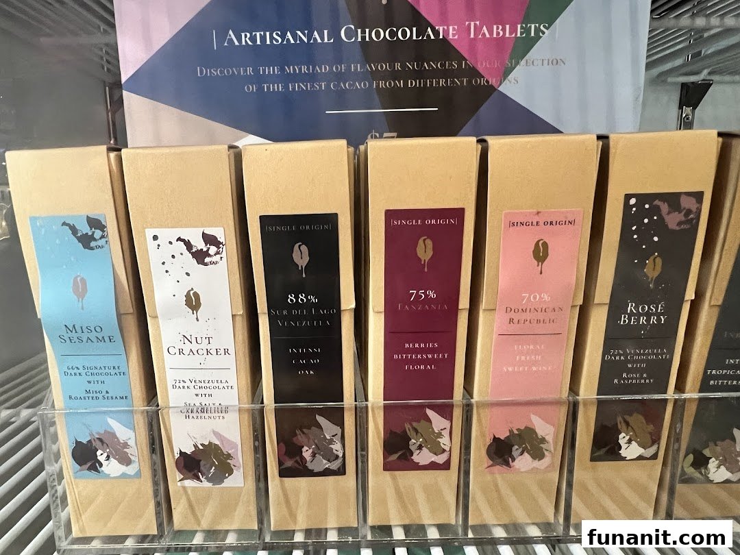 A display of artisanal chocolate tablets from The Dark Gallery, showcasing various unique flavors and origins.