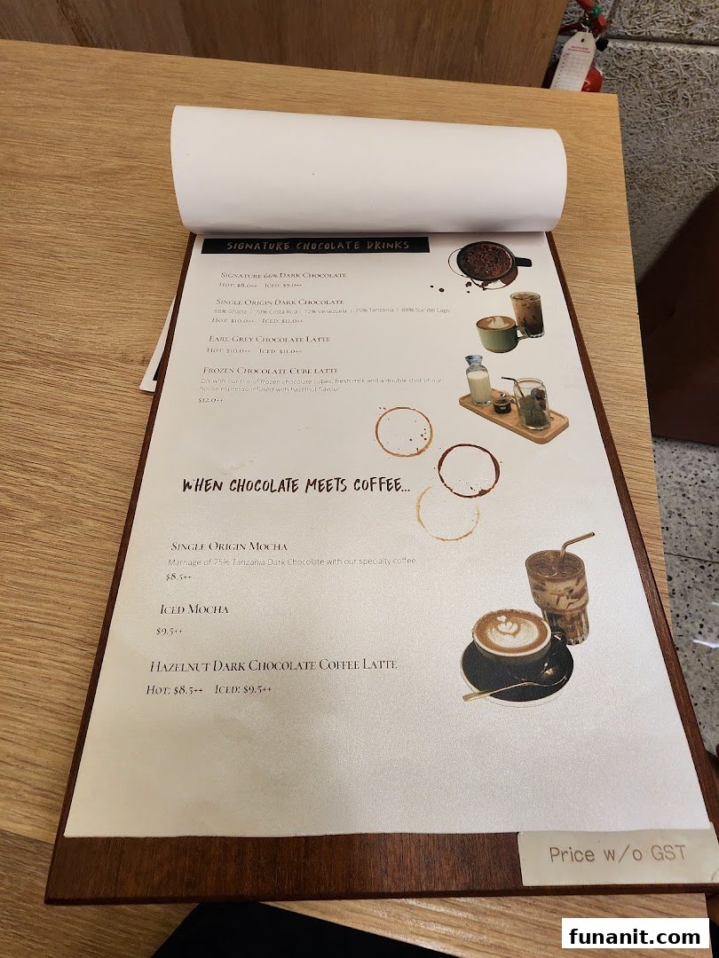 A close-up view of a menu from The Dark Gallery, featuring chocolate and coffee drinks.