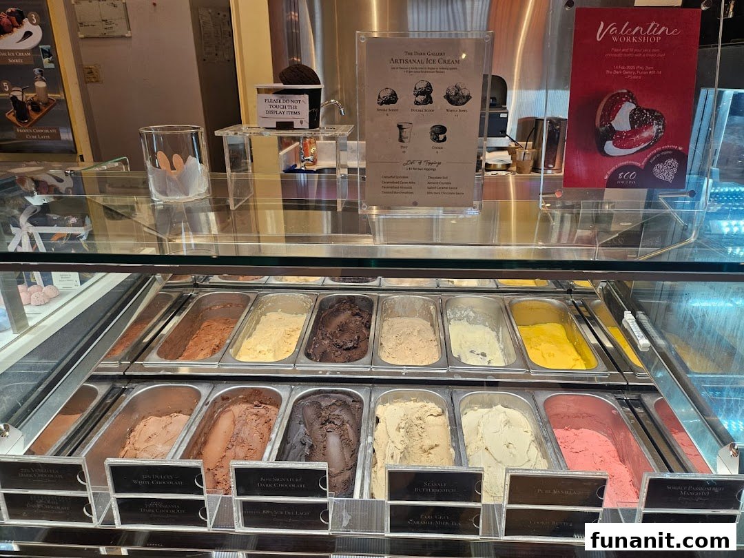 A vibrant display of artisanal ice cream flavors in a glass freezer at The Dark Gallery.