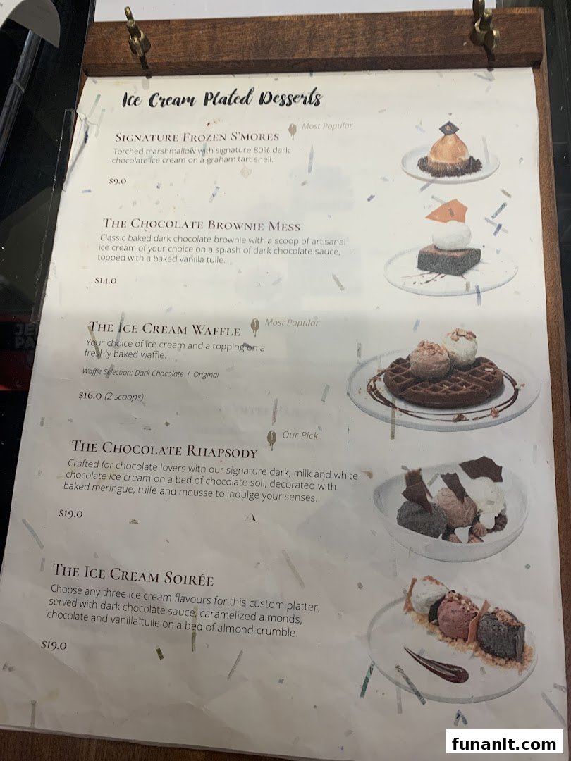 A menu displaying various ice cream plated desserts with descriptions and prices.