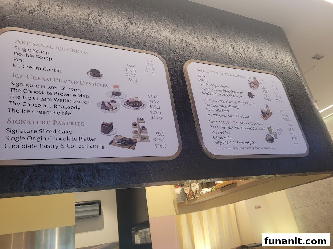 A detailed menu board showcasing artisanal ice cream, plated desserts, pastries, coffee, chocolate, and specialty drinks.