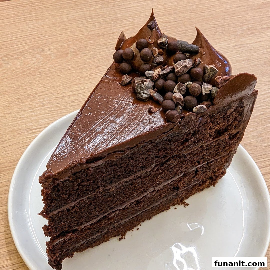 A rich, multi-layered chocolate cake slice topped with ganache, chocolate pearls, and cacao nibs.
