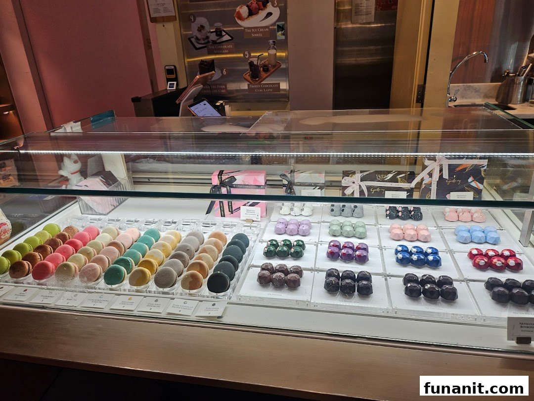 A vibrant display of macarons and artisanal chocolates in The Dark Gallery.