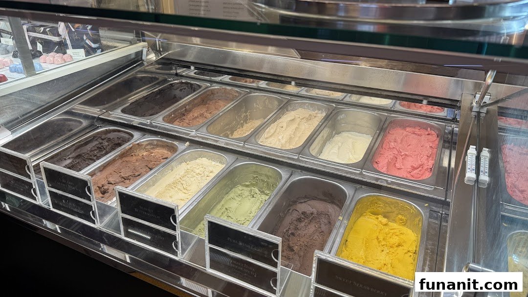 A vibrant display case showcasing various flavors of artisanal ice cream and gelato.