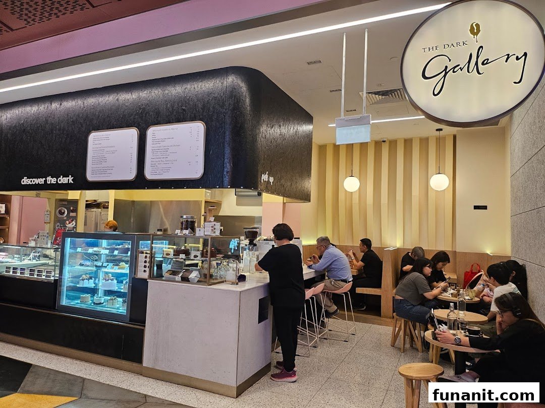 Interior view of The Dark Gallery, showcasing menu boards, display cases, and customers.