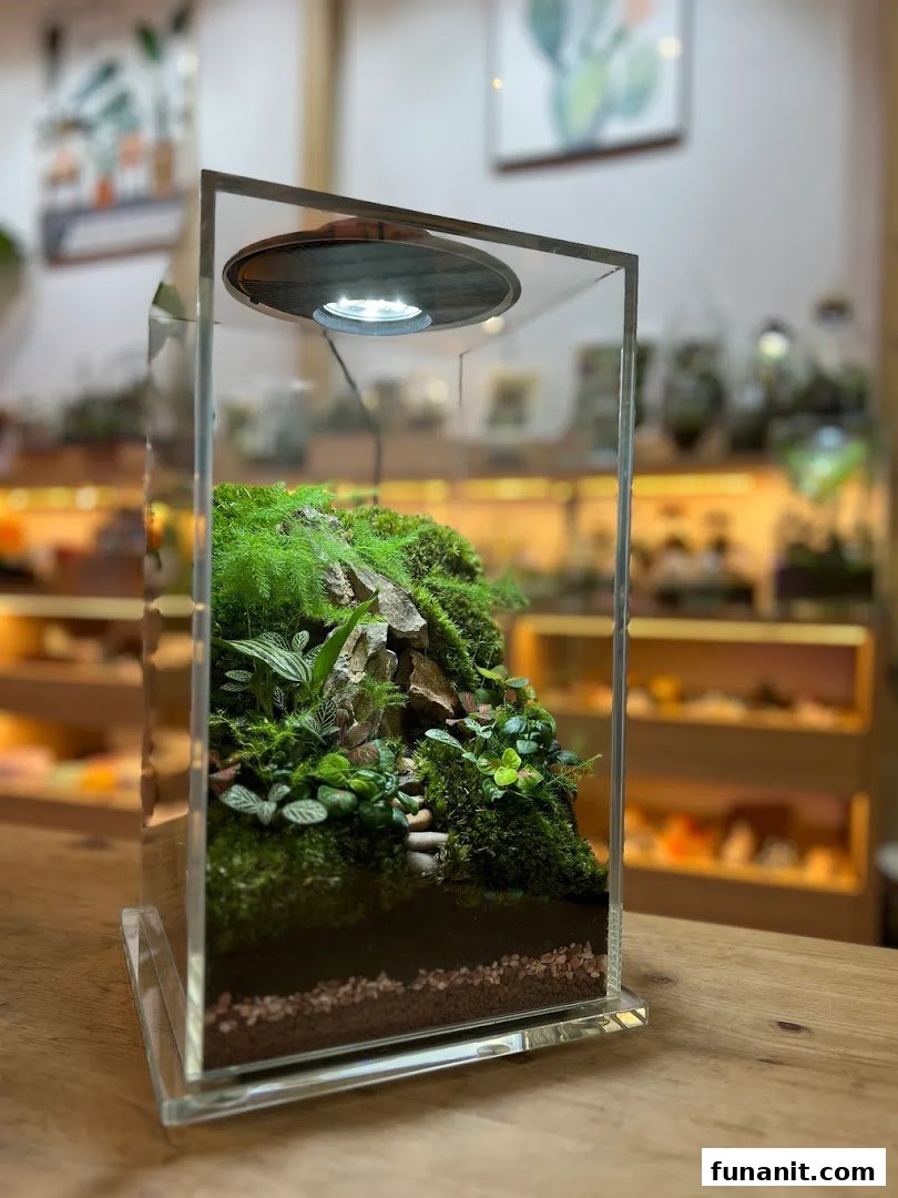 A detailed view of a lush, miniature terrarium with a built-in light, showcasing intricate plant life.