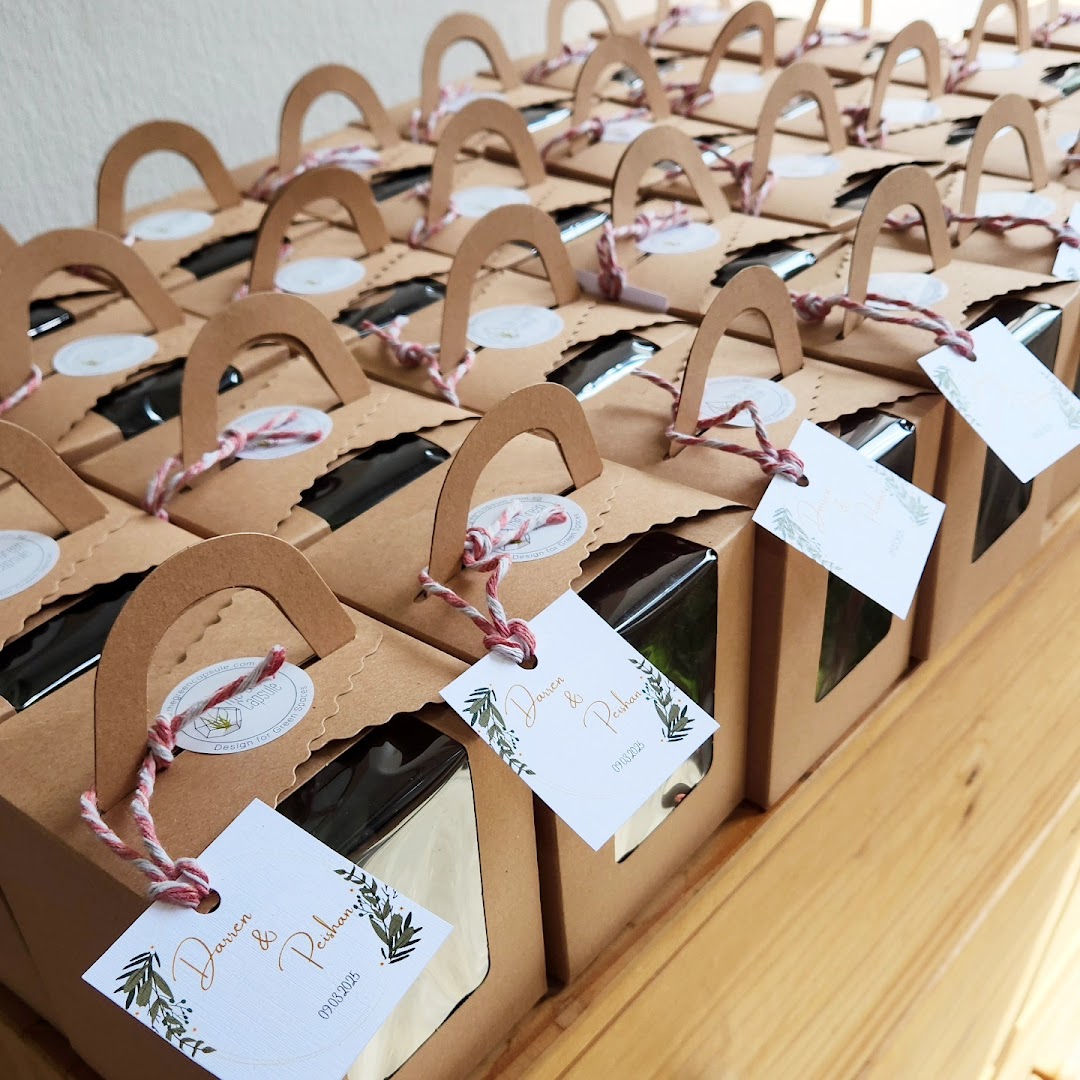 Rows of custom-packaged gifts with personalized tags, featuring a natural, rustic aesthetic.
