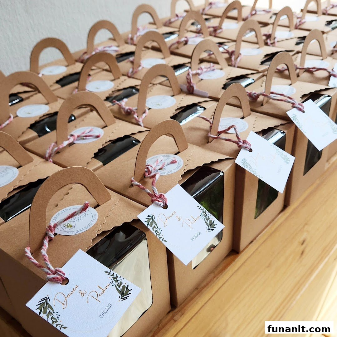 Rows of custom-packaged gifts with personalized tags, featuring a natural, rustic aesthetic.