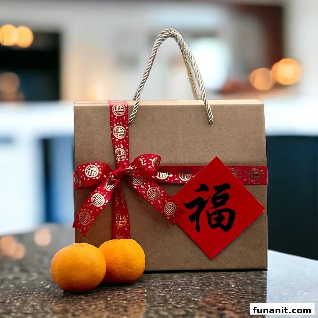 A festive gift box with red ribbon and Chinese character 'Fu' alongside two oranges.
