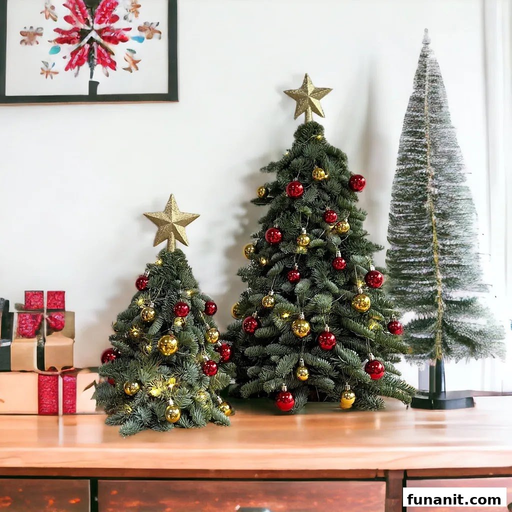Three festive Christmas trees adorned with red and gold ornaments, displayed on a wooden surface.