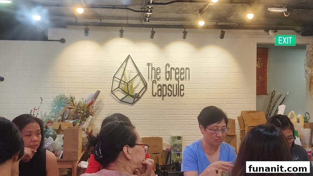 Interior view of The Green Capsule, featuring its logo, customers, and various plant-related products.