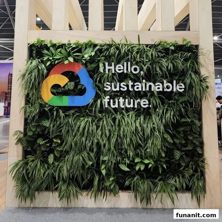 A lush vertical garden display promoting sustainability, featuring a cloud logo and inspiring text.
