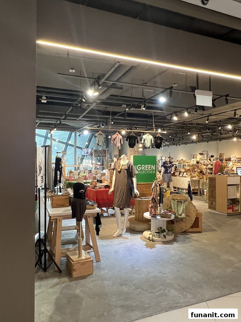 Interior view of The Green Collective SG, showcasing sustainable products, clothing, and unique displays.