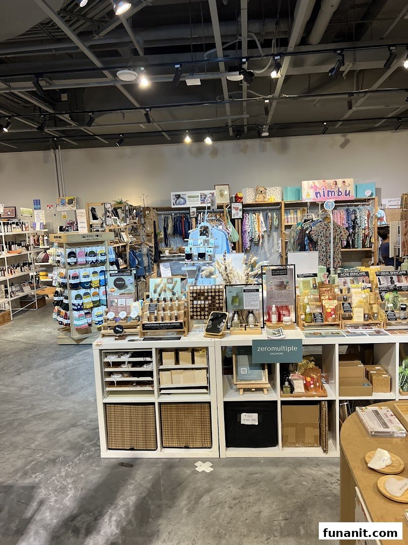Interior view of The Green Collective SG, showcasing sustainable products, skincare, apparel, and home goods.