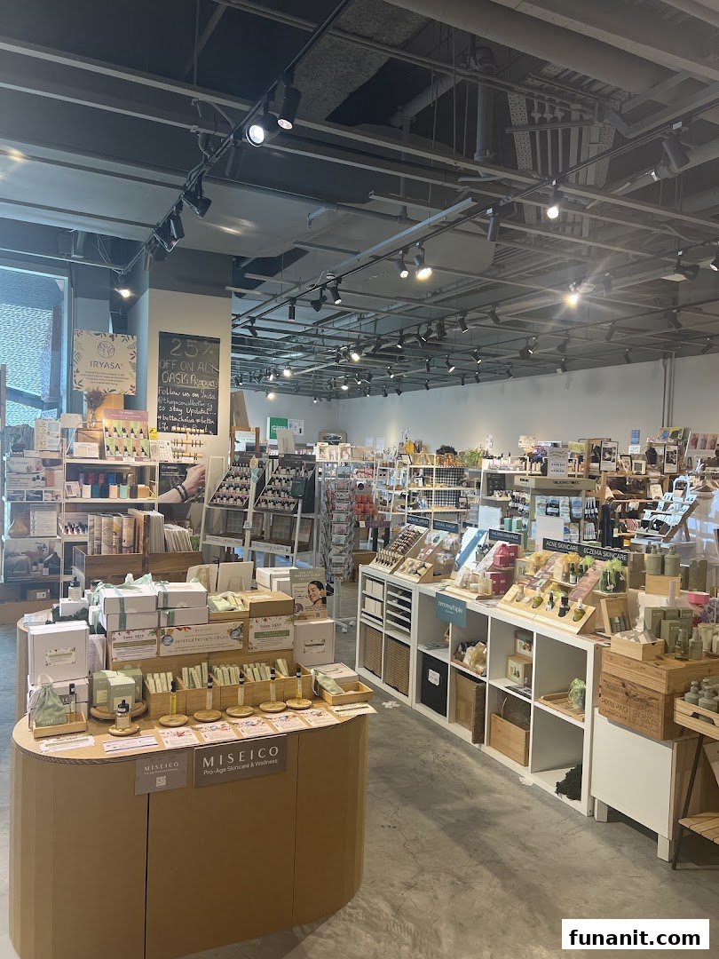 An interior view of The Green Collective SG, showcasing a wide array of natural skincare and wellness products on display.