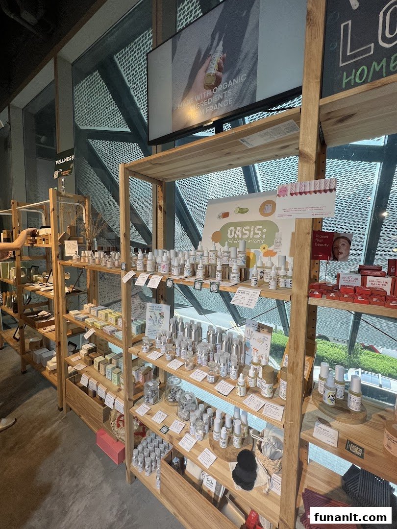 Interior view of a shop with wooden shelves displaying various wellness and beauty products.