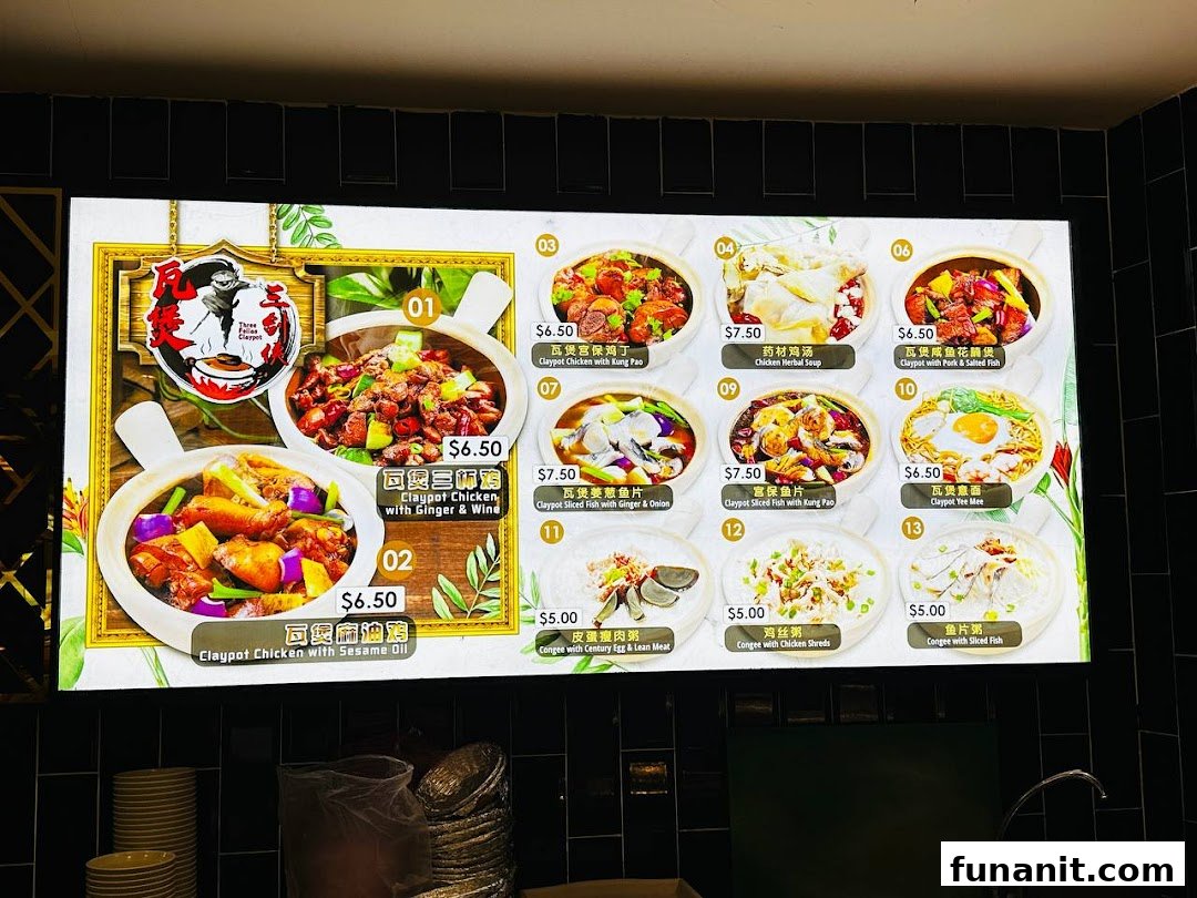 A vibrant menu board showcasing delicious claypot dishes, soups, and congee with prices.