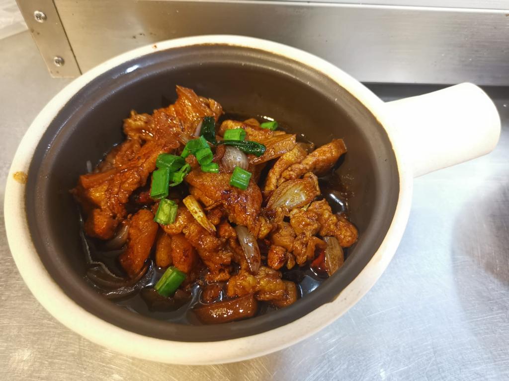 A close-up of a delicious claypot dish with tender meat and green onions.