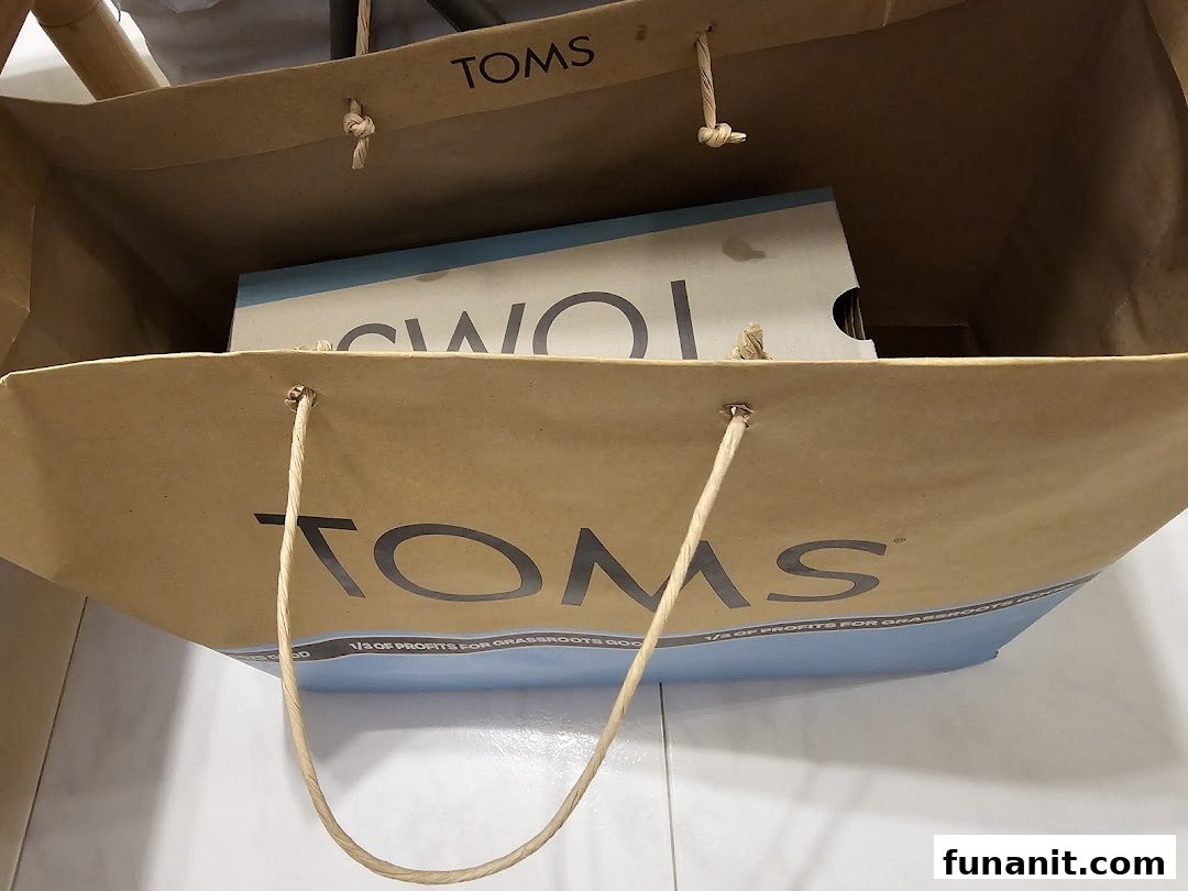 A brown TOMS shopping bag with a shoe box inside, highlighting the brand's social mission.