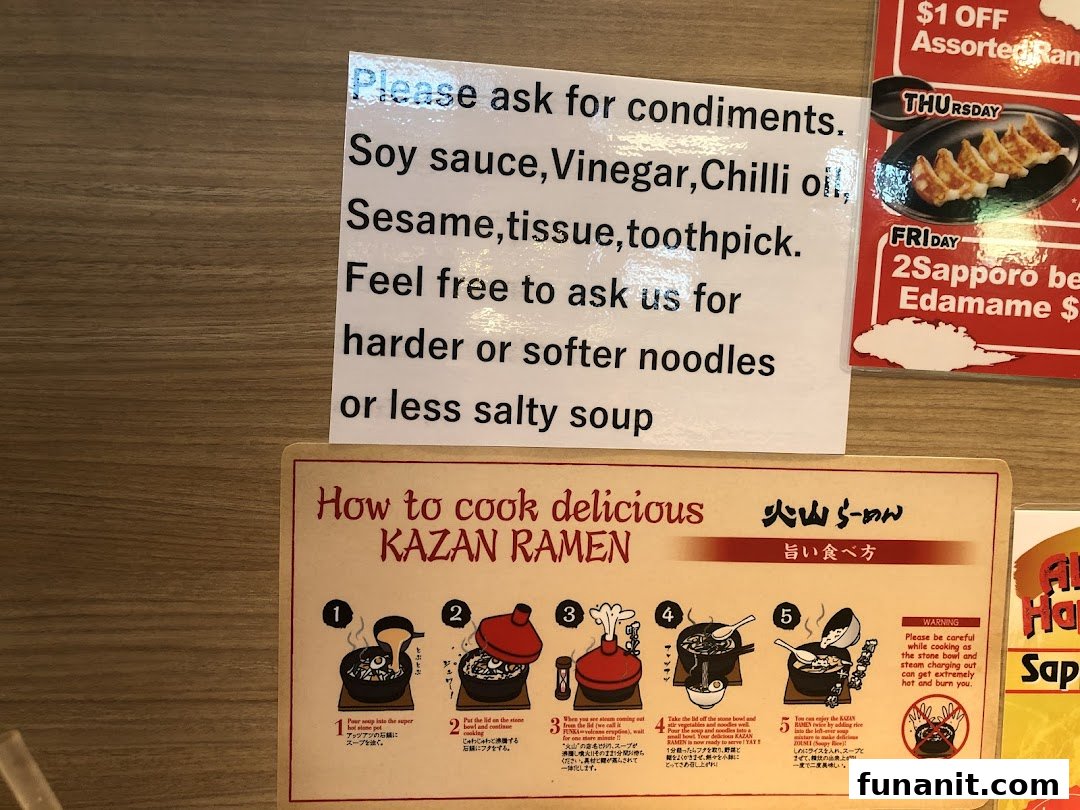 Image shows instructions for cooking Kazan Ramen, condiment options, and daily promotional offers.