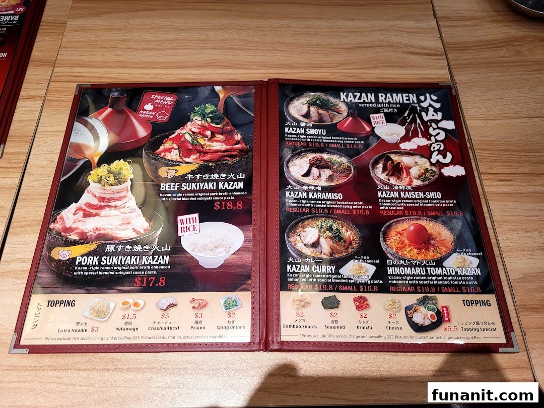 An open menu displaying various ramen and sukiyaki dishes with prices and topping options.