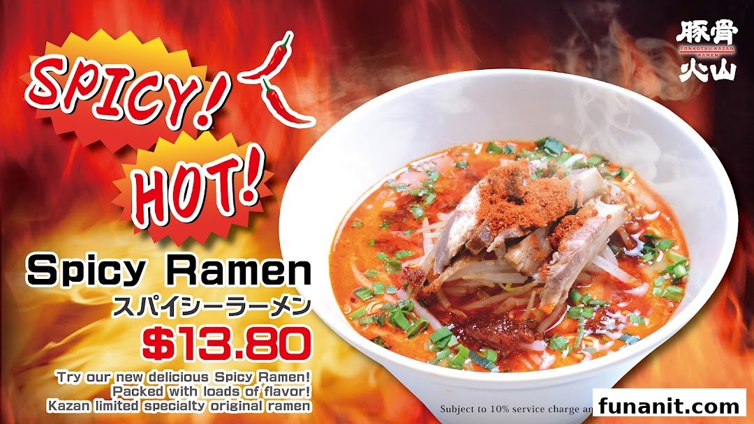 A vibrant image showcasing a bowl of spicy ramen with promotional text and price.