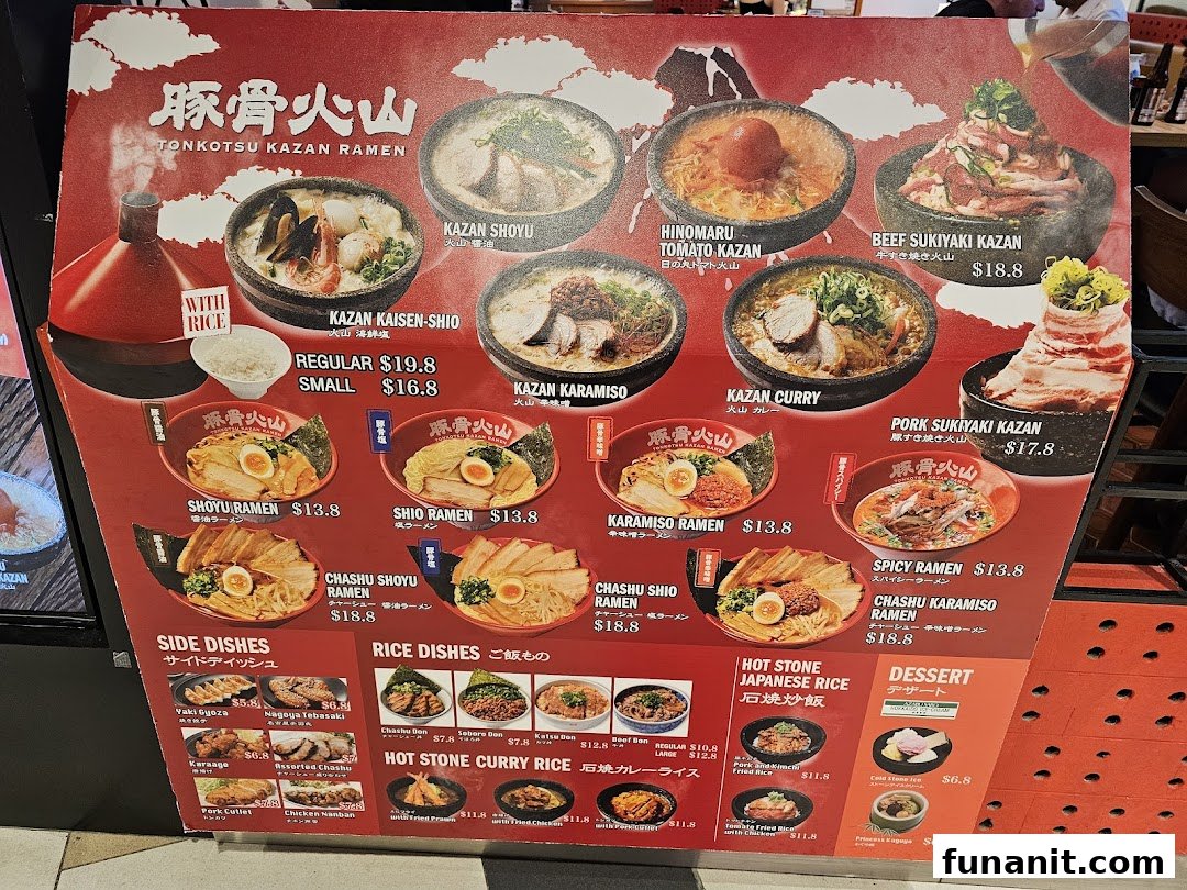 A vibrant menu board showcasing a variety of ramen, hot stone dishes, and side dishes with prices.